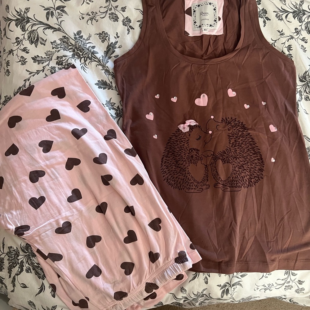 Boux Avenue Brown and Pink Hedgehog and Heart Print Lounge Sleepwear Pajama Set